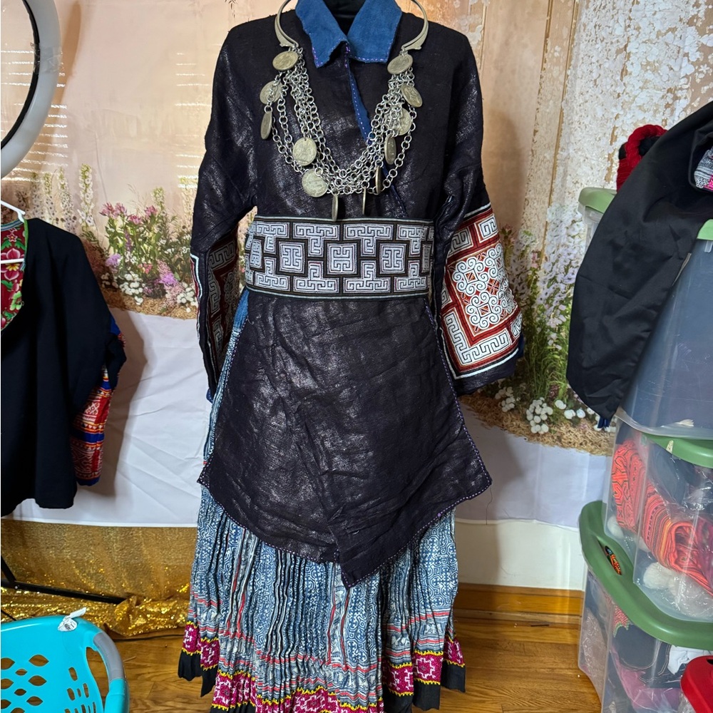 Women's Black and Blue Jacket handmade Patterns hmong sapa embroidery handmade